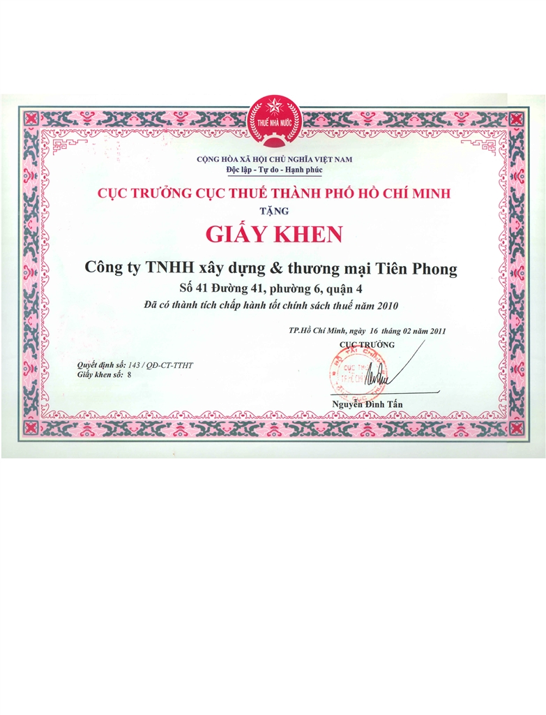 The Honor Certificate by HCMC Taxation Department (2010)